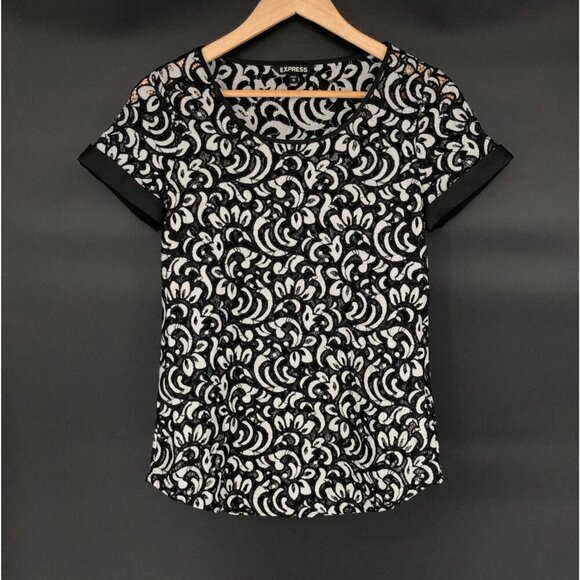 Express Tops - Express Women's Lace Overlay Short Sleeve Top XS Black and White Statement Top